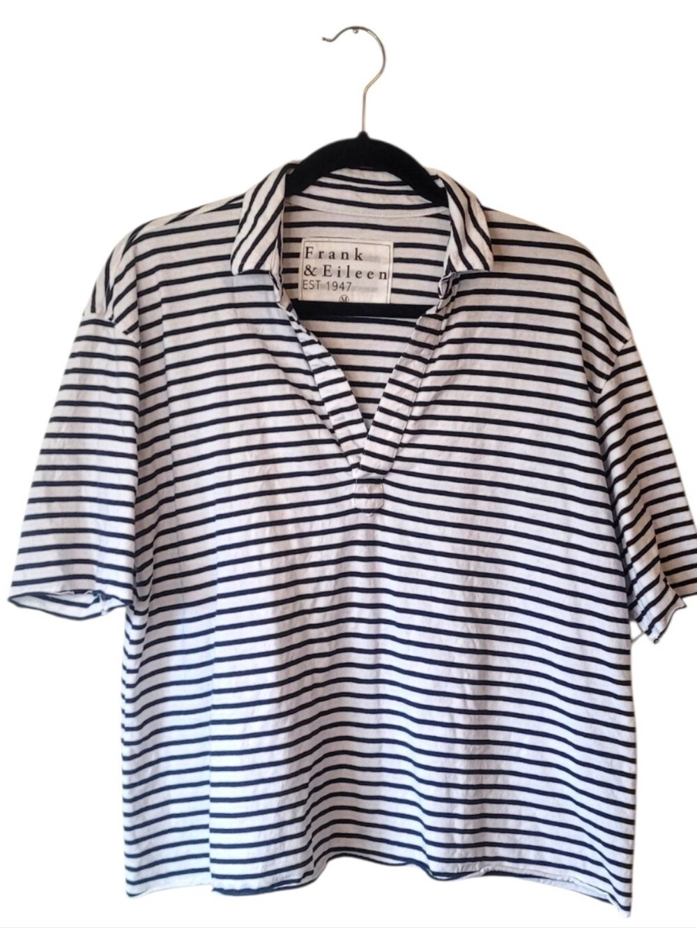 Frank & Eileen Patty White and Navy Striped Short-Sleeve Popover Polo Size M